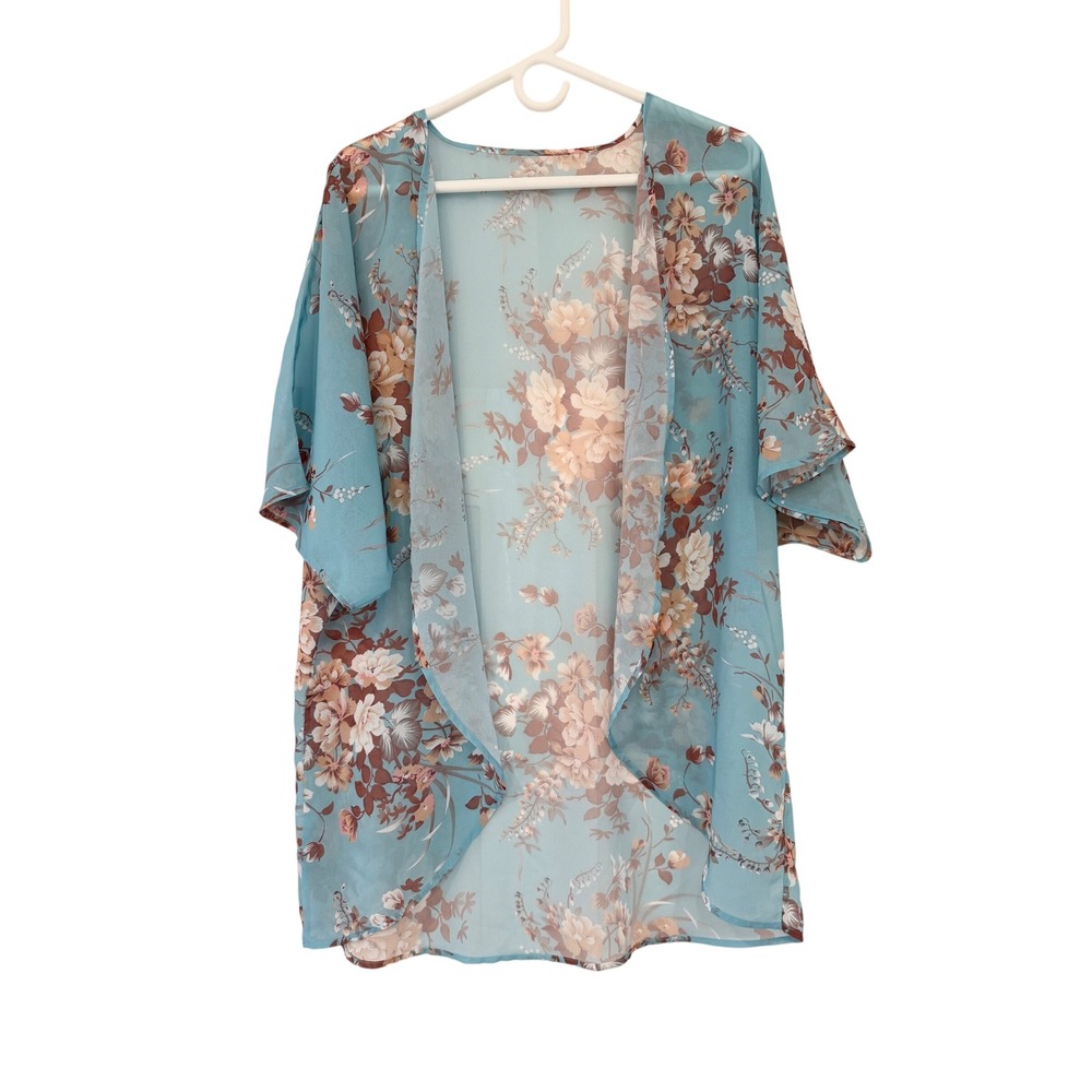 Teal Blue Floral Sheer Kimono Cardigan Open Front Cover Up Beach Wrap One Size